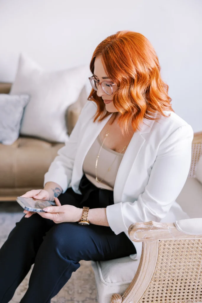 Wedding planner choosing details on her phone