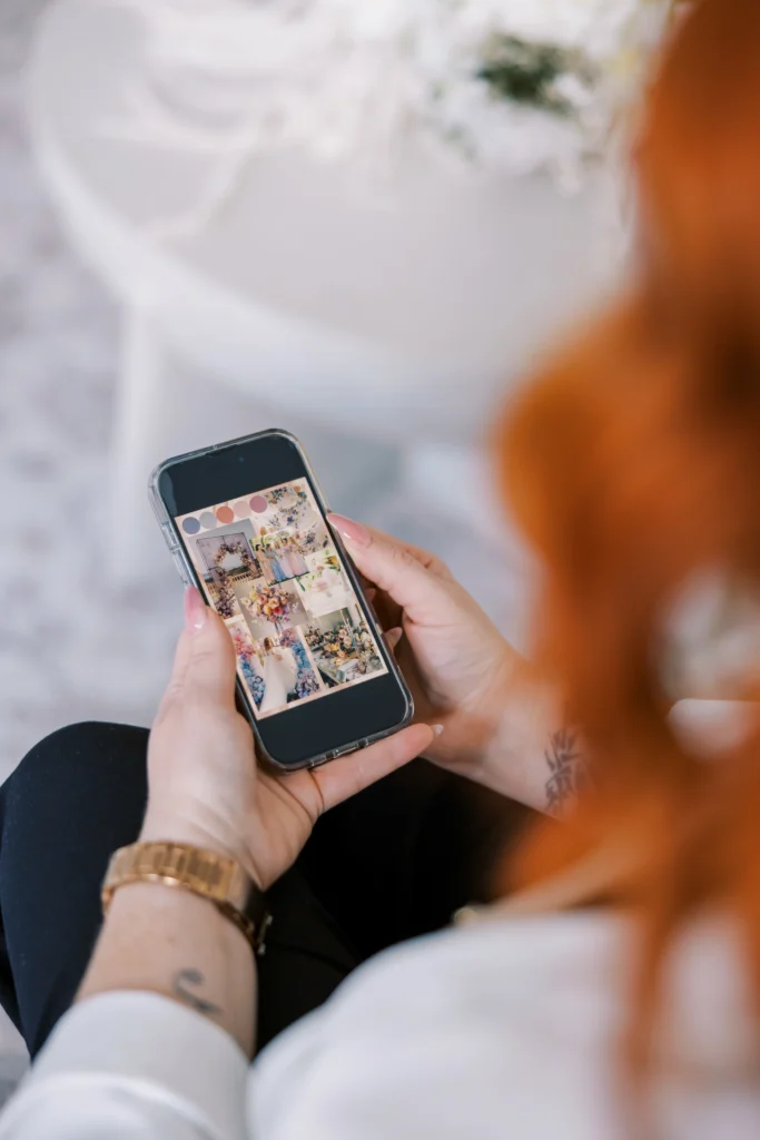 Wedding planner choosing details on her phone