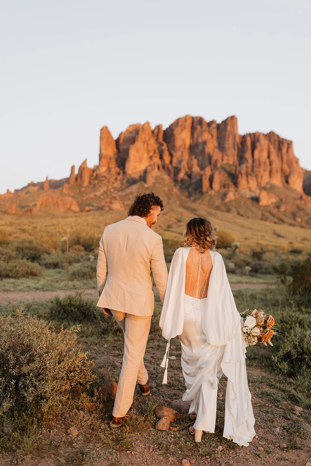 Elopement wedding at Lost Dutchman State Park, set against the Superstition Mountains in Arizona