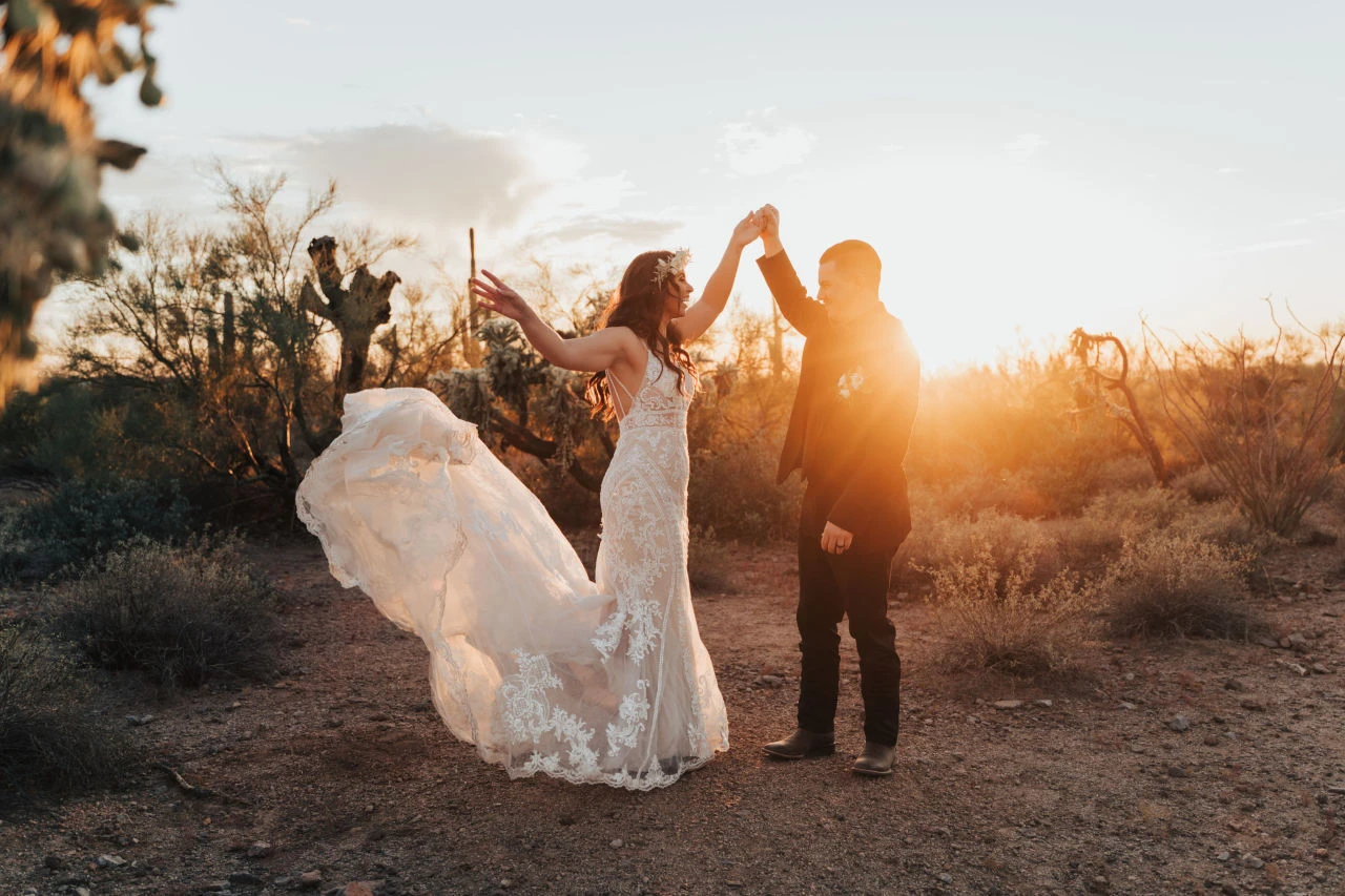 Elopement wedding at Lost Dutchman State Park, set against the Superstition Mountains in Arizona